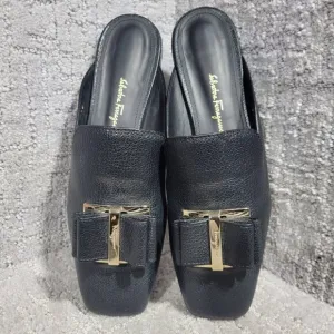 Salvatore Ferragamo Zara Bow Women's Size 6.5 US Black Leather Flat Mule Shoes