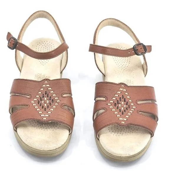 SAS Huarache Quarter Strap Sandals Women 7.5N Antique Tan Brown Embroidery Shoes