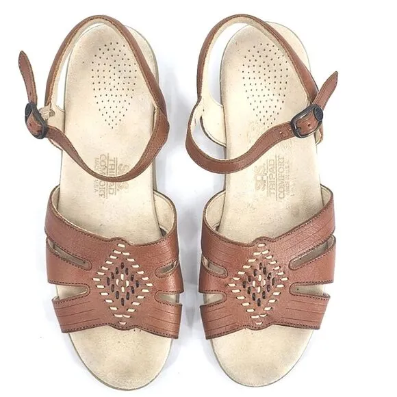 SAS Huarache Quarter Strap Sandals Women 7.5N Antique Tan Brown Embroidery Shoes