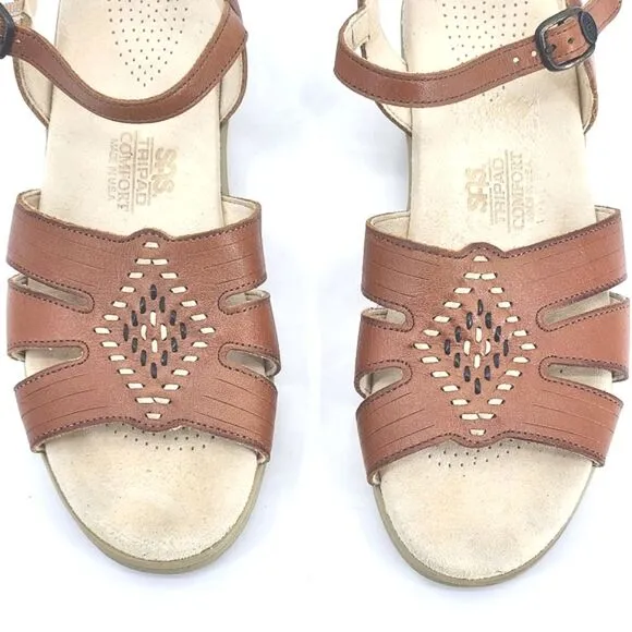 SAS Huarache Quarter Strap Sandals Women 7.5N Antique Tan Brown Embroidery Shoes