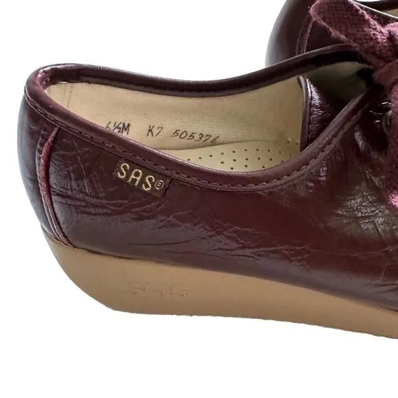 SAS Siesta Loafer Shoe Burgundy Leather Lace Up Hand Sewn Moccasin Shoe Size 6.5