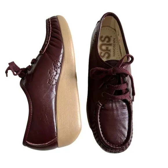 SAS Siesta Loafer Shoe Burgundy Leather Lace Up Hand Sewn Moccasin Shoe Size 6.5