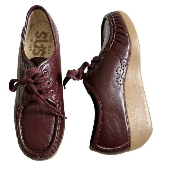 SAS Siesta Loafer Shoe Burgundy Leather Lace Up Hand Sewn Moccasin Shoe Size 6.5