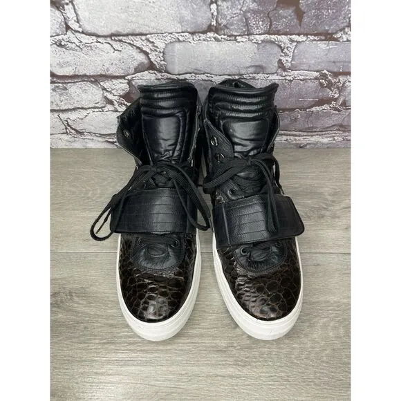 Savio Barbato Brown Patent Croc Embossed High Top Strap Sneakers Men Sz 45EU/12M