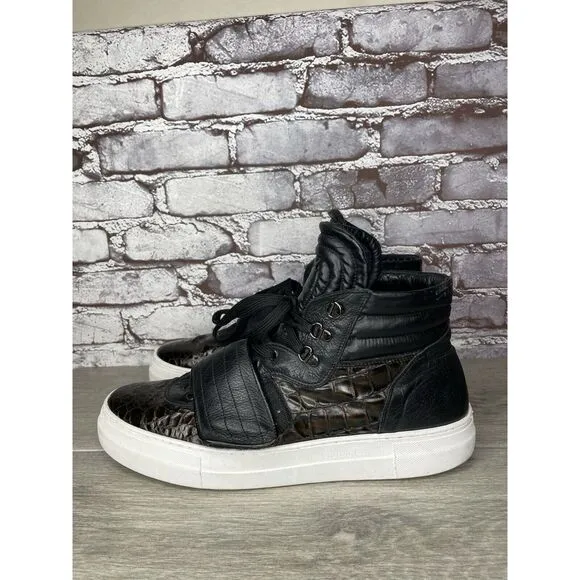 Savio Barbato Brown Patent Croc Embossed High Top Strap Sneakers Men Sz 45EU/12M
