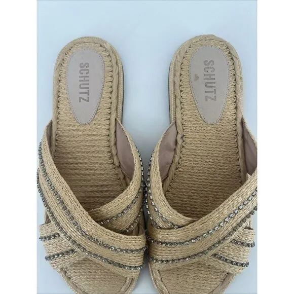 Schutz Womens Size 9.5 Carlotta Embroidered Crystal Slide Sandal Shoes