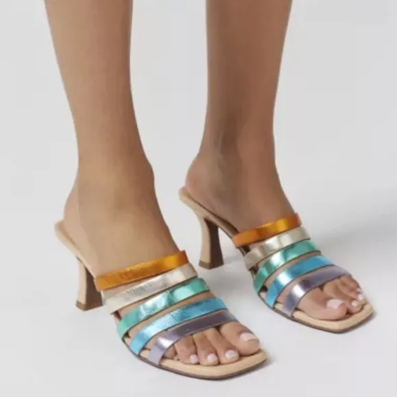 SEYCHELLES BIG DREAMS RAINBOW METALLIC LEATHER STRAPPY HEELED SANDALS *NIB*