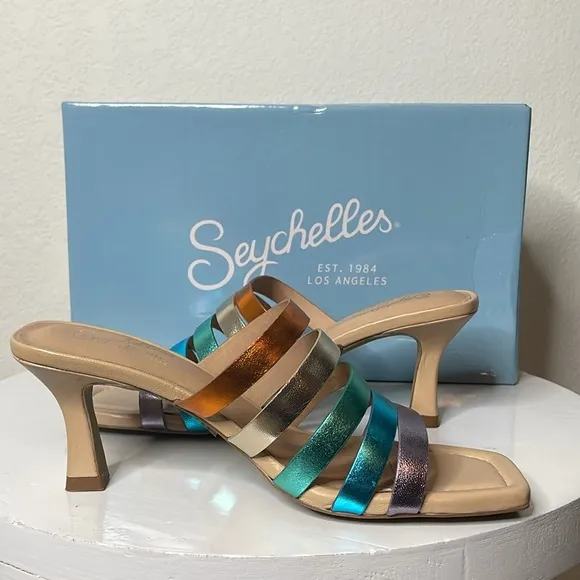 SEYCHELLES BIG DREAMS RAINBOW METALLIC LEATHER STRAPPY HEELED SANDALS *NIB*