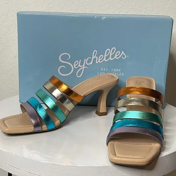 SEYCHELLES BIG DREAMS RAINBOW METALLIC LEATHER STRAPPY HEELED SANDALS *NIB*