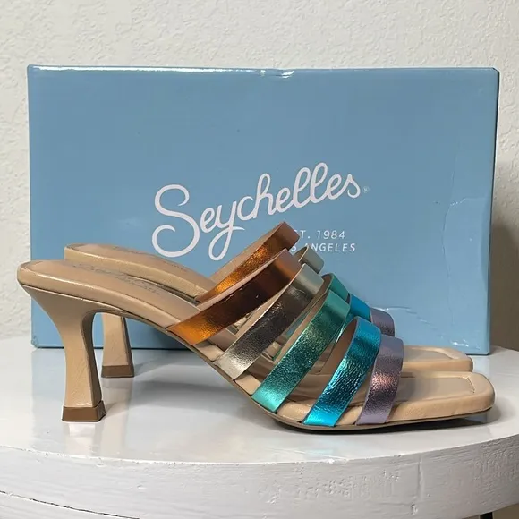 SEYCHELLES BIG DREAMS RAINBOW METALLIC LEATHER STRAPPY HEELED SANDALS *NIB*