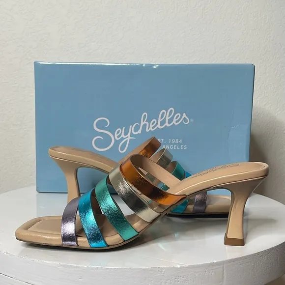 SEYCHELLES BIG DREAMS RAINBOW METALLIC LEATHER STRAPPY HEELED SANDALS *NIB*