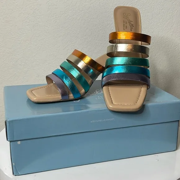 SEYCHELLES BIG DREAMS RAINBOW METALLIC LEATHER STRAPPY HEELED SANDALS *NIB*