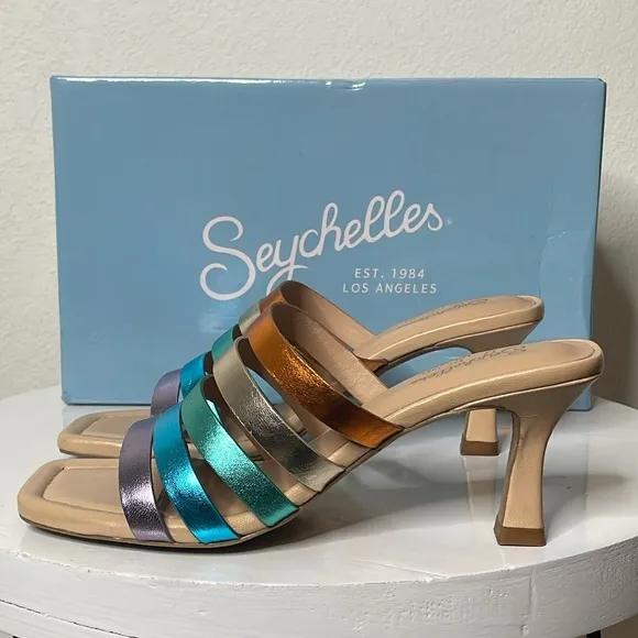 SEYCHELLES BIG DREAMS RAINBOW METALLIC LEATHER STRAPPY HEELED SANDALS *NIB*