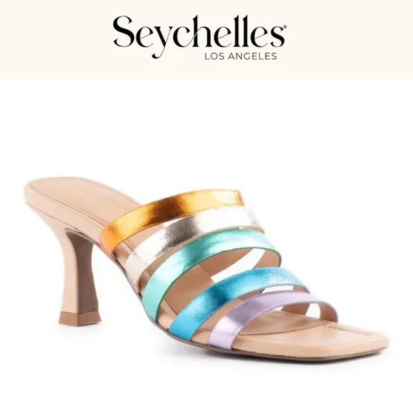 SEYCHELLES BIG DREAMS RAINBOW METALLIC LEATHER STRAPPY HEELED SANDALS *NIB*