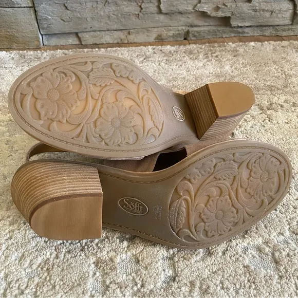 Sofft Mendi Heeled Sandals Tan Brown Suede Leather Open Toe Block Heel: 10M