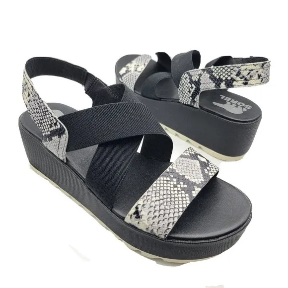 Sorel women sandals Cameron snake black Flatform wedge Slingback 8.5 39.5 new