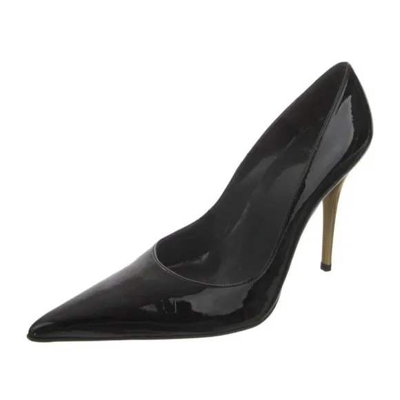 Stuart Weitzman Black Patent Leather Pointed Toe Gold -Tone Stiletto Heels 8.5 M