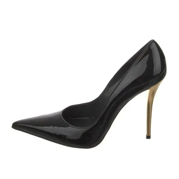 Stuart Weitzman Black Patent Leather Pointed Toe Gold -Tone Stiletto Heels 8.5 M