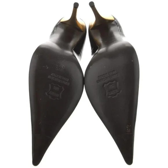 Stuart Weitzman Black Patent Leather Pointed Toe Gold -Tone Stiletto Heels 8.5 M
