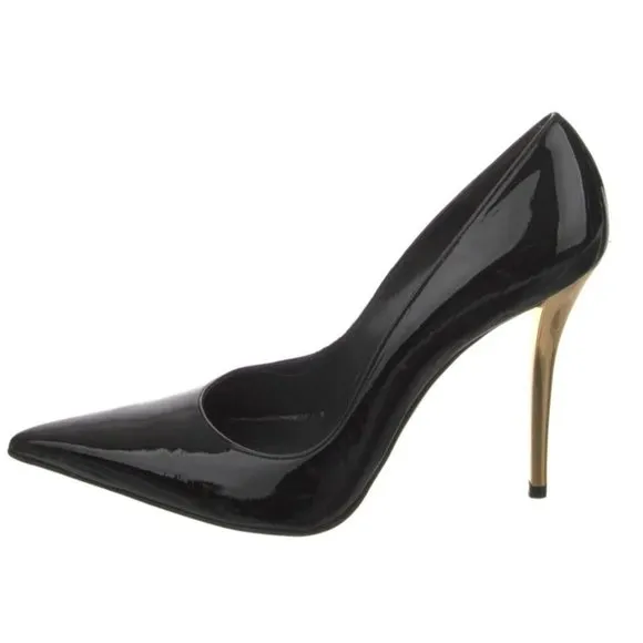 Stuart Weitzman Black Patent Leather Pointed Toe Gold -Tone Stiletto Heels 8.5 M