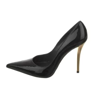 Stuart Weitzman Black Patent Leather Pointed Toe Gold -Tone Stiletto Heels 8.5 M