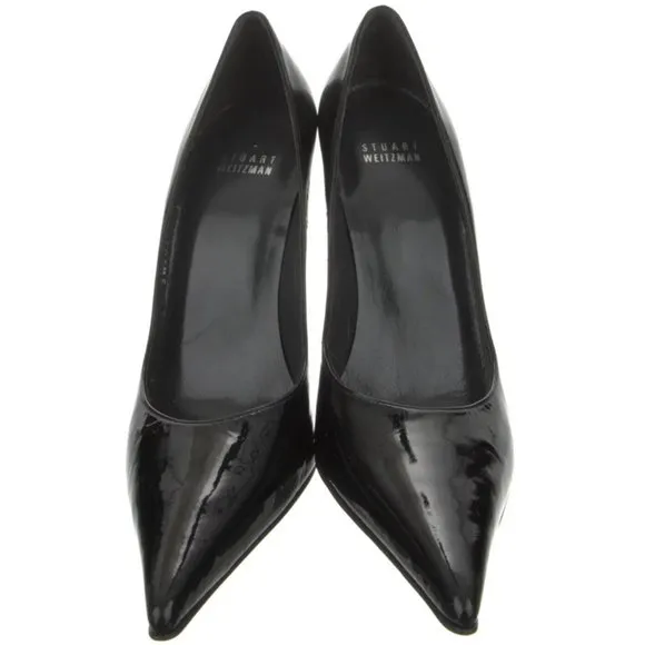 Stuart Weitzman Black Patent Leather Pointed Toe Gold -Tone Stiletto Heels 8.5 M