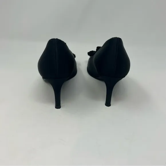 Stuart Weitzman Black Satin Ruffle Peep Toe Pump Heel Shoes