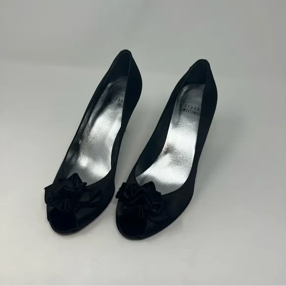 Stuart Weitzman Black Satin Ruffle Peep Toe Pump Heel Shoes