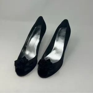 Stuart Weitzman Black Satin Ruffle Peep Toe Pump Heel Shoes