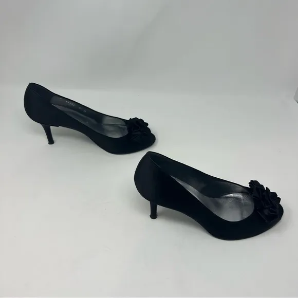 Stuart Weitzman Black Satin Ruffle Peep Toe Pump Heel Shoes