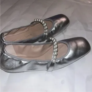 STUART WEITZMAN Faux Pearl-embellished Silver  Leather Ballet Flats SZ 11 New