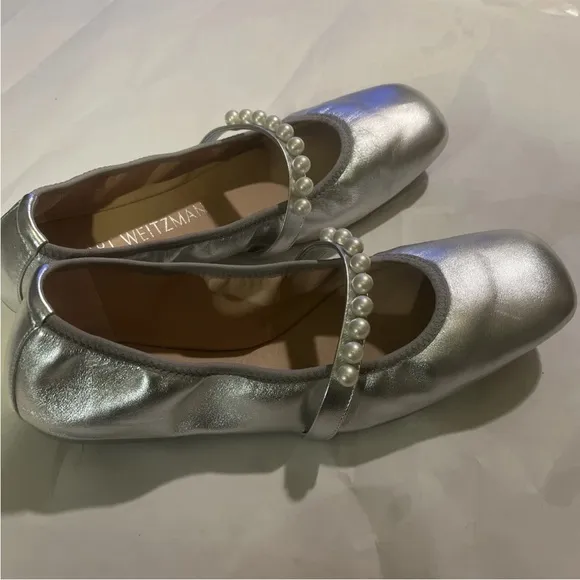 STUART WEITZMAN Faux Pearl-embellished Silver  Leather Ballet Flats SZ 11 New