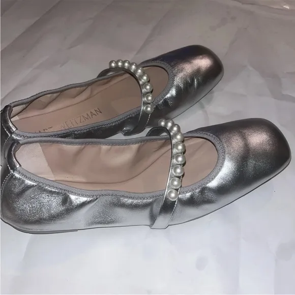 STUART WEITZMAN Faux Pearl-embellished Silver  Leather Ballet Flats SZ 11 New