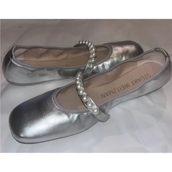 STUART WEITZMAN Faux Pearl-embellished Silver  Leather Ballet Flats SZ 11 New