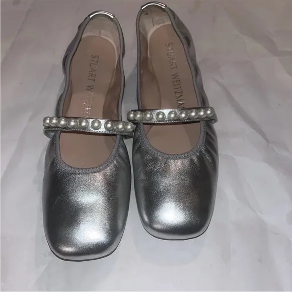 STUART WEITZMAN Faux Pearl-embellished Silver  Leather Ballet Flats SZ 11 New