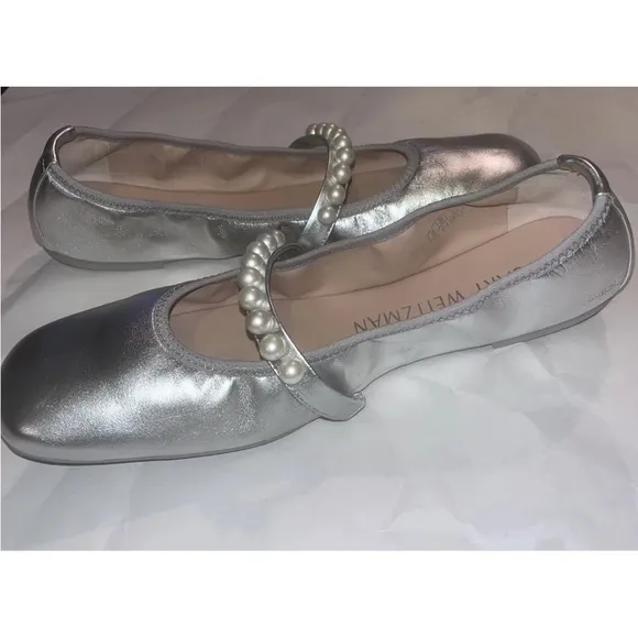 STUART WEITZMAN Faux Pearl-embellished Silver  Leather Ballet Flats SZ 11 New