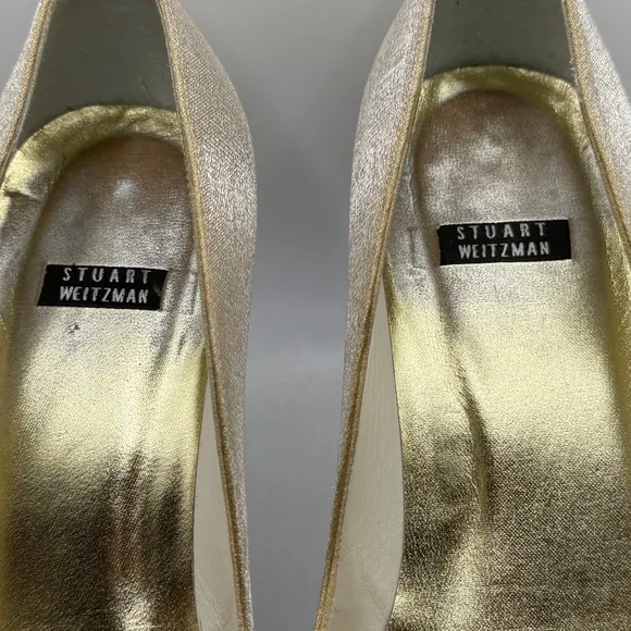 Stuart Weitzman Gold Pointed Square Toe Heels Satin Shiny Pumps 7.5