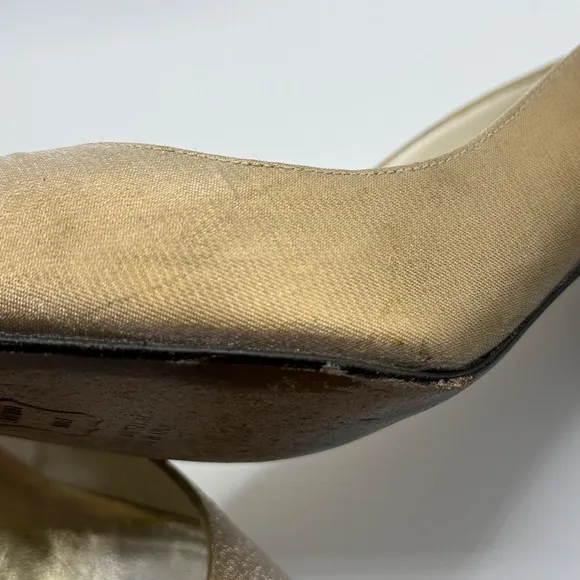 Stuart Weitzman Gold Pointed Square Toe Heels Satin Shiny Pumps 7.5