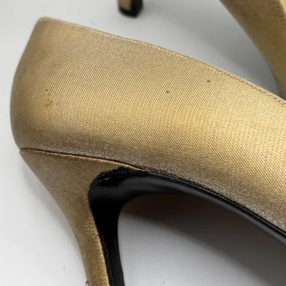 Stuart Weitzman Gold Pointed Square Toe Heels Satin Shiny Pumps 7.5