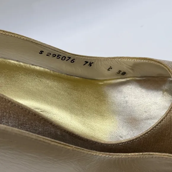 Stuart Weitzman Gold Pointed Square Toe Heels Satin Shiny Pumps 7.5