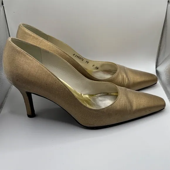 Stuart Weitzman Gold Pointed Square Toe Heels Satin Shiny Pumps 7.5