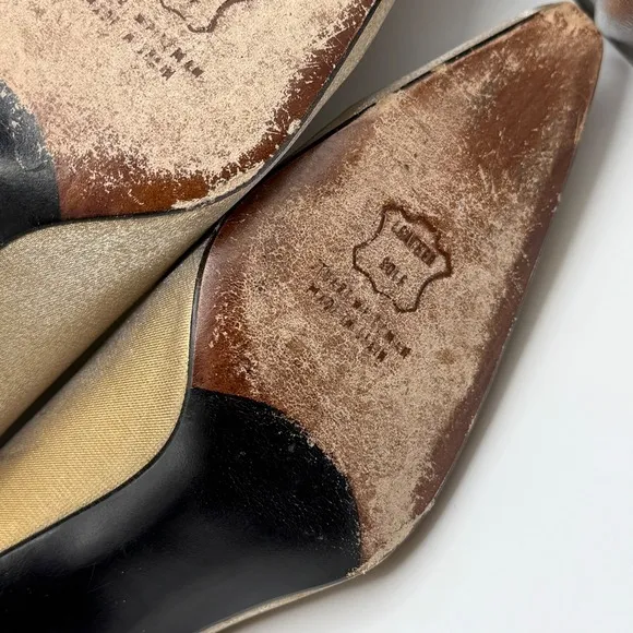 Stuart Weitzman Gold Pointed Square Toe Heels Satin Shiny Pumps 7.5