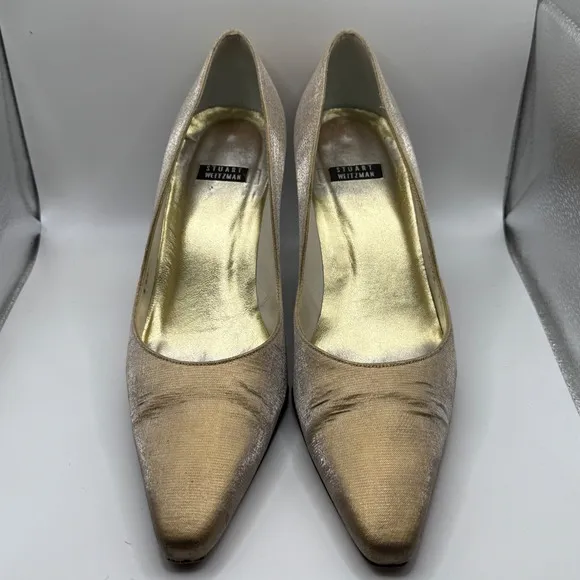 Stuart Weitzman Gold Pointed Square Toe Heels Satin Shiny Pumps 7.5