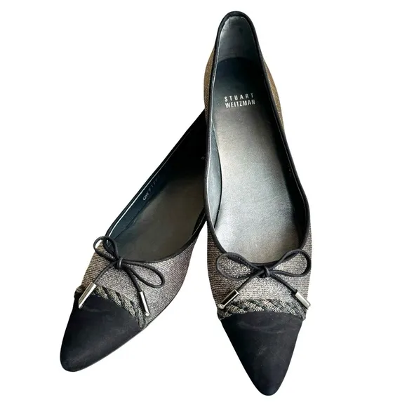 Stuart Weitzman Metallic Silver Ballet Flats Black Cap Toe Bow Detail Shoes