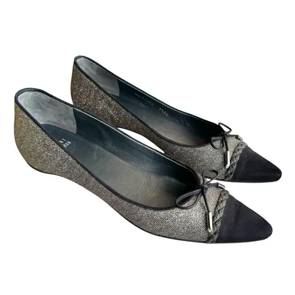 Stuart Weitzman Metallic Silver Ballet Flats Black Cap Toe Bow Detail Shoes
