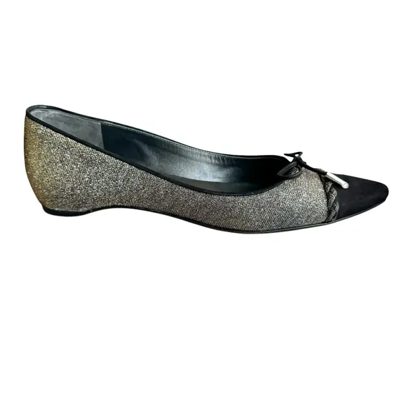 Stuart Weitzman Metallic Silver Ballet Flats Black Cap Toe Bow Detail Shoes