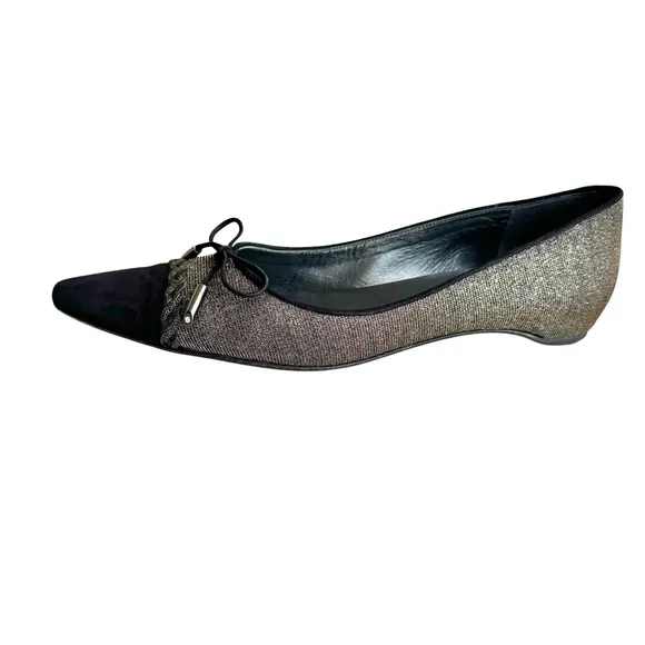 Stuart Weitzman Metallic Silver Ballet Flats Black Cap Toe Bow Detail Shoes