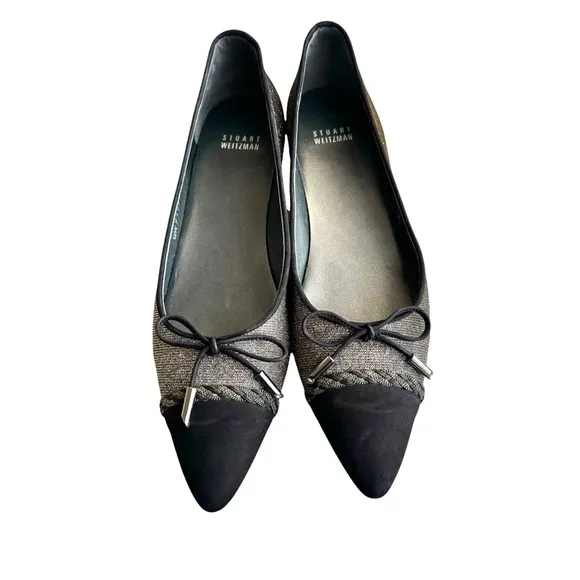 Stuart Weitzman Metallic Silver Ballet Flats Black Cap Toe Bow Detail Shoes