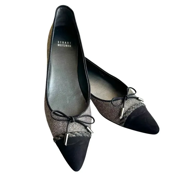 Stuart Weitzman Metallic Silver Ballet Flats Black Cap Toe Bow Detail Shoes