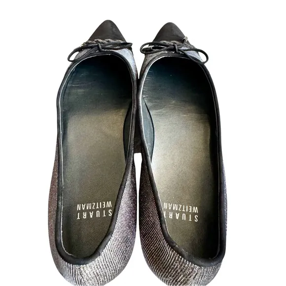 Stuart Weitzman Metallic Silver Ballet Flats Black Cap Toe Bow Detail Shoes